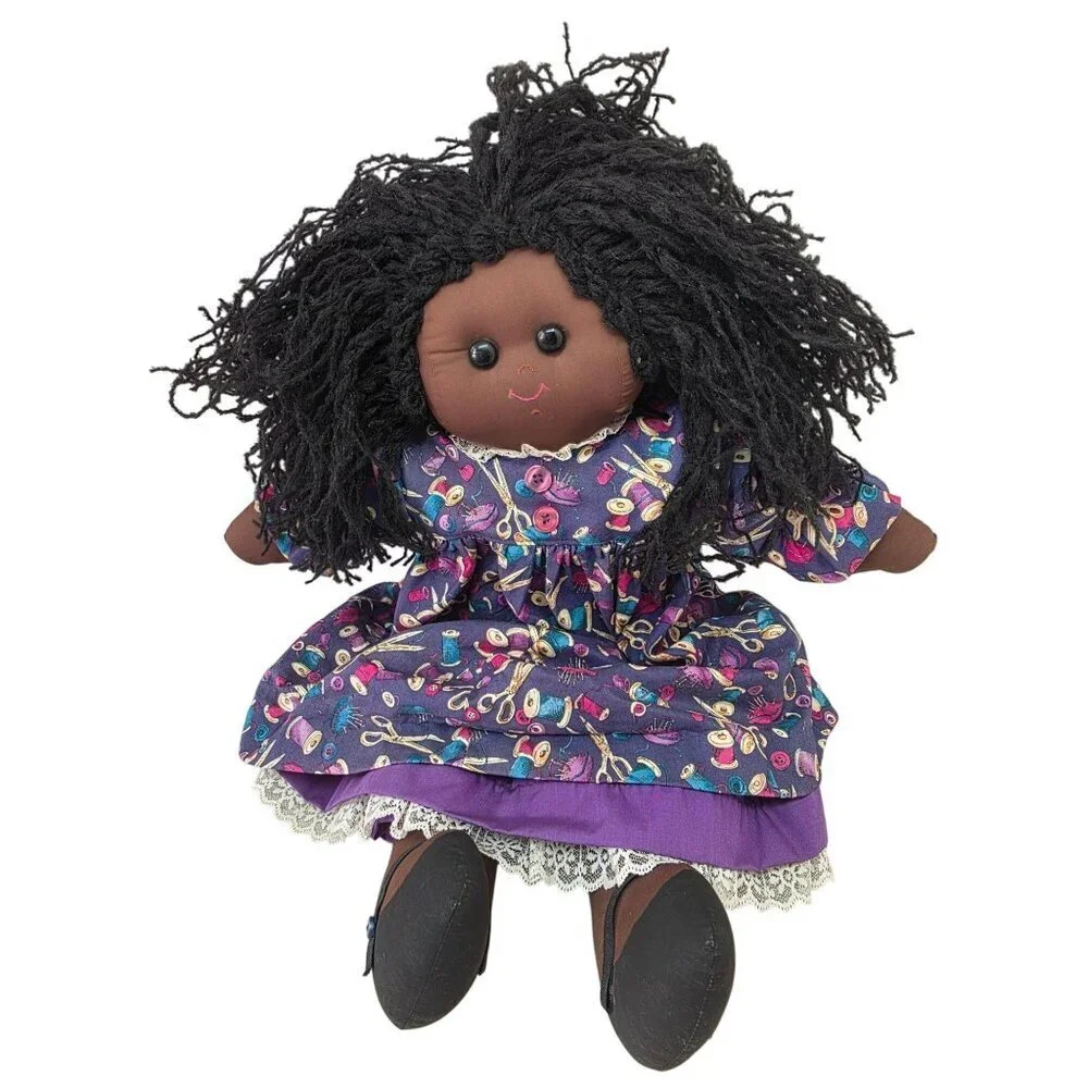 Handmade 90/00s 26″ African American Cloth Rag Doll Yarn Hair Folk Art Vtg Style